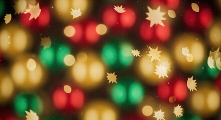 Vibrant abstract festive background with blurred red, green, and golden bokeh lights, featuring sparkling star and leaf-shaped elements, ideal for holiday celebrations.