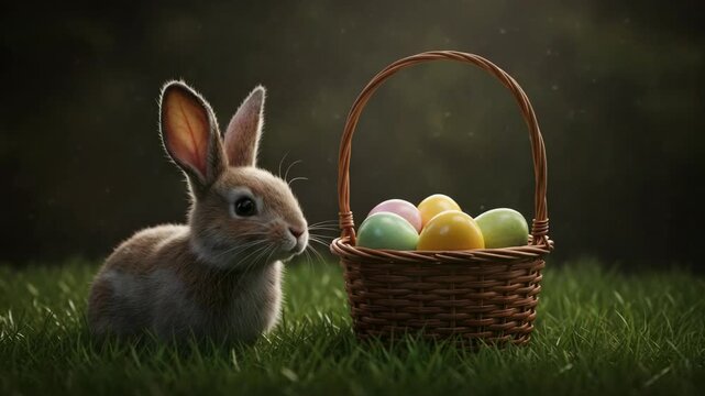 Spring Holiday Bunny Rabbit Easter Egg Basket Nature Animal Cute Joyful Wonder Magical Atmosphere Lush Green Grass Playful Anticipation Soft Lighting Blurred Background