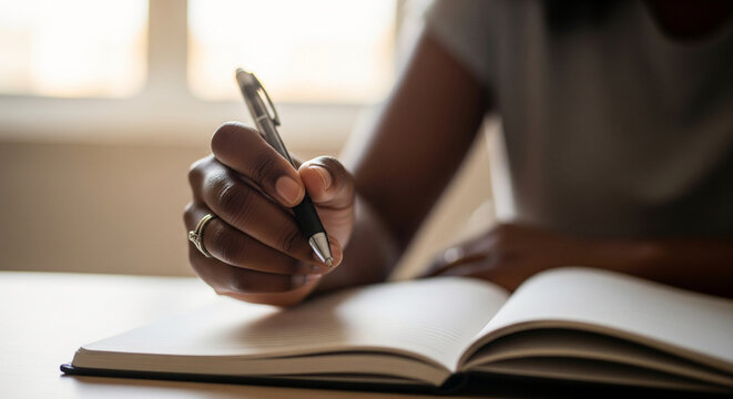 Close-up view of an unrecognizable woman's hand holding a pen and carefully writing down her thoughts and ideas in a blank notebook