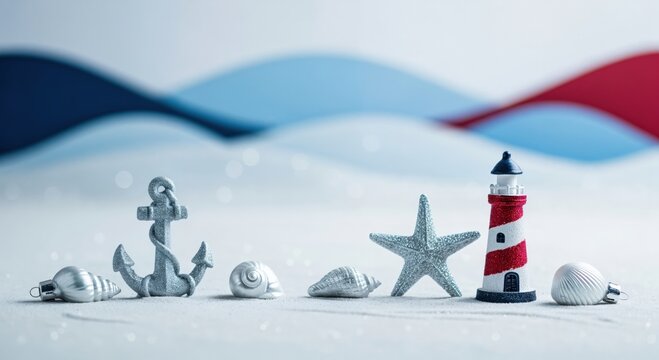 Nautical still life featuring a red and white lighthouse, silver anchor, starfish, and seashells on sand, with a wavy blue and red background, ideal for summer and beach holiday concepts.