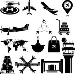 Airport, Aviation, and Air Travel Vector Icon Set. Transportation, Luggage, Runway, and Control Tower Silhouettes.