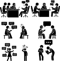 Communication and Misunderstanding Stick Figure Set. Talking, Listening, Boredom, and Confusion Pictograms.