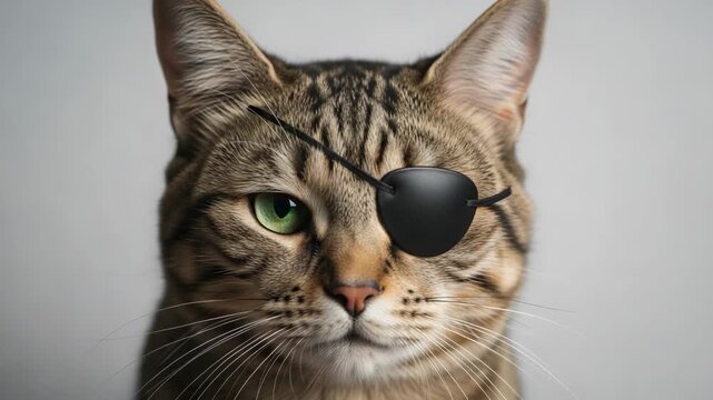 Curious tabby feline animal, our pet mammal, cute domestic cat, sports pirate eye patch, serious and captivating gaze, mischievous glint, green eye full of adventure, ready for escapades