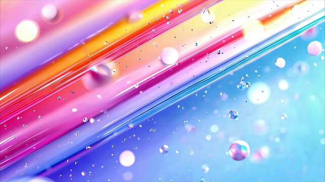 Abstract background with diagonal stripes of vibrant colors and floating water droplets, creating a dynamic and luminous effect.
