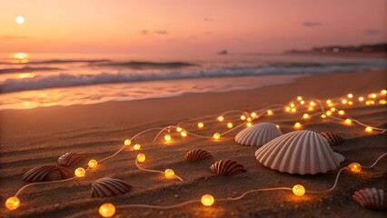Glowing String Lights And Seashells On Sandy Beach At Sunset With Warm Ocean Horizon And Peaceful Ambience