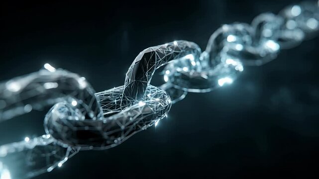Closeup of a futuristic digital chain with glowing interconnected links highlighting advanced technology and innovation