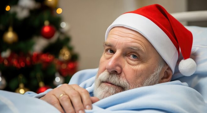 Elderly bearded man wearing a Santa hat lying in a hospital bed with a decorated Christmas tree in the background, looking at the camera.