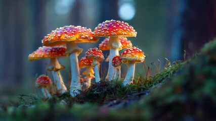 Cluster, of red-capped mushrooms with white spots grows on mossy log in a dim forest amid fern haze - Powered by Adobe