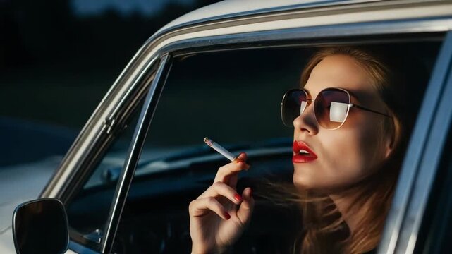 Vintage car woman driving outdoor motion travel retro cigarette smoke contemplation solitude bold red lipstick sunglasses cool confident melancholic mood young car cigarette
