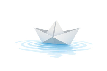 Obraz premium White origami paper boat sailing in water creating concentric ripples. Kids toy representing adventure and simple pleasures