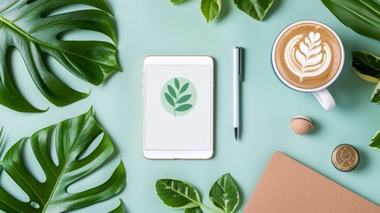 Stylish office desk flat lay featuring notebook, smartphone, pen, and coffee cup on clean background