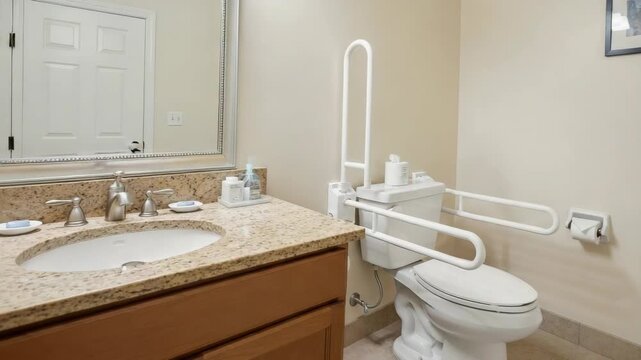 Elderly Disabled Accessible Bathroom Safety Sink, Toilet, Vanity, Grab Bar for Independence Comfort. Enhancing Daily Living