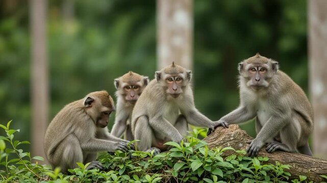 Curious Macaque Monkeys Alert Primate Fauna in Lush Jungle Forest, Wild Mammal Nature Gathering, Engaging Wildlife Social Awareness and Interaction