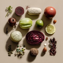 Colorful Arrangement of Fresh Vegetables, Fruits, and Nuts on a Neutral Background for Healthy Eating and Cooking Concepts