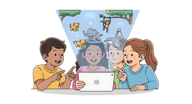 Diverse Kids Using Tablet with Augmented Reality Animal Projection