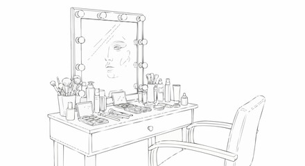 Detailed Sketch of a Vanity Table with Makeup and Chair.