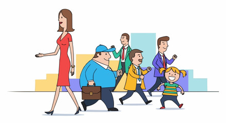 Diverse group of people walking in a city setting illustration.