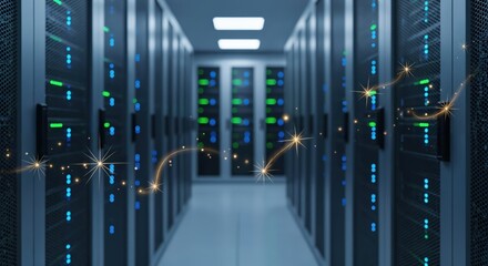 Modern Data Center Server Room with Rows of High-Tech Racks, Glowing Blue and Green Lights, and Abstract Digital Data Flow Trails