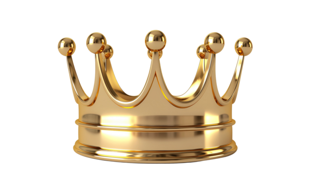 A magnificent golden royal crown symbolizing monarchy and power, isolated on a white background for easy use as a 45.png file