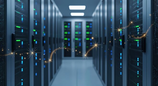 Modern Data Center Server Room with Rows of High-Tech Racks, Glowing Blue and Green Lights, and Abstract Digital Data Flow Trails
