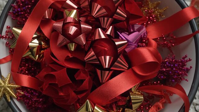 A close-up view of a bowl filled with an assortment of red and gold gift bows and ribbons, perfect for holiday gift wrapping and festive decorations.