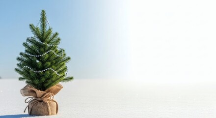 Miniature decorated tree on snow with gradient background.