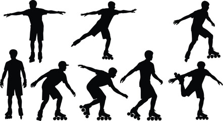 Roller skating silhouette set of male skaters performing tricks, balancing, riding, and freestyle moves for sports, outdoor activity, fitness illustrations