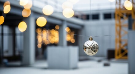 Elegant Gold Ornament Hanging in Refined Urban Space with Decorative Lights