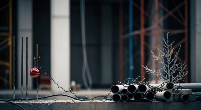 Festive Christmas decorations, including a red bauble and fairy lights, bring unexpected holiday cheer to an industrial construction site with rebar and pipes