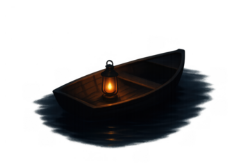 Rowboat floating on dark water at night, lantern light reflecting, concept of solitude and journey, transparent background