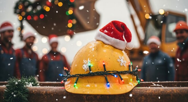 Festive yellow hard hat adorned with Christmas lights and a Santa hat, set against a snowy construction site with blurred workers - Powered by Adobe