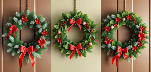 Obraz premium A trio of elegantly decorated Christmas wreaths, showcasing varying styles and sizes, seasonal, winter garland