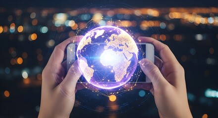 Female hands holding a smartphone with a digital globe over a blurred city background