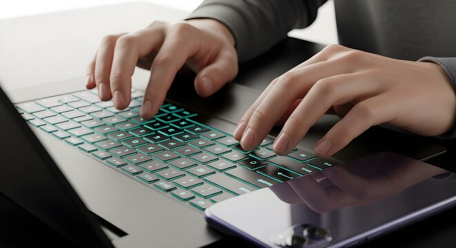 Close up of hands typing on a laptop keyboard with a smartphone next to it