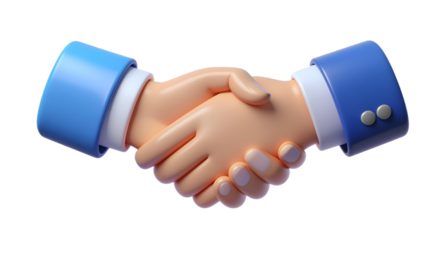 Professional business handshake in vibrant 3D rendering, symbolizing agreement and partnership. Perfect for digital projects, available as a transparent 37.png file
