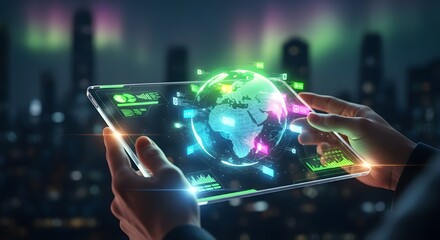 A person holding a futuristic tablet displaying a holographic globe in a city at night