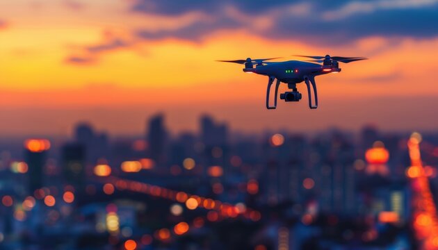 Futuristic urban skyline at sunset  a drone s view of modern technology and vibrant city lights