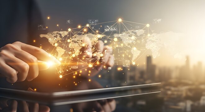 Businessman using tablet analyzing global data network, internet connection technology - Powered by Adobe
