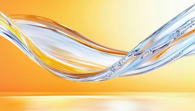 A dynamic, abstract composition featuring intertwined streams of clear and golden liquid, creating a sense of motion and fluidity against a warm, glowing backgr