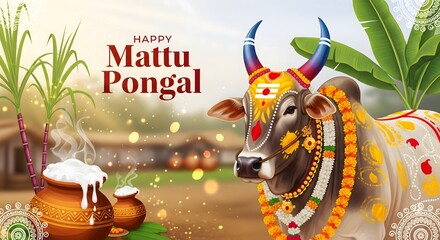 Decorated bull and traditional village scene celebrating mattu pongal festival