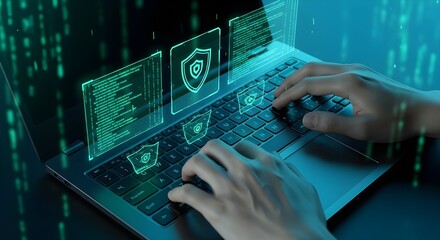 Hands typing on laptop with security icons, data protection and cyber security concept