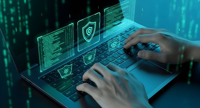 Hands typing on laptop with security icons, data protection and cyber security concept