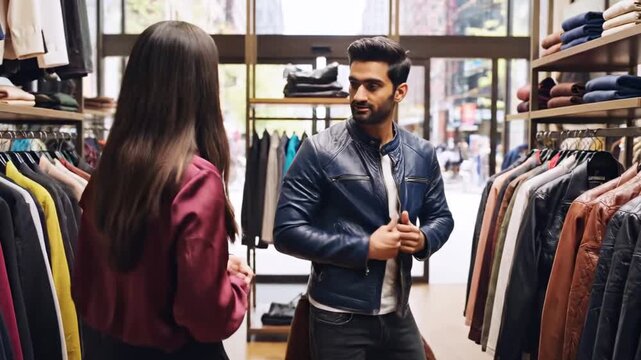Several shoppers browse a busy clothing store, inspecting jackets and garments by racks.side by side
