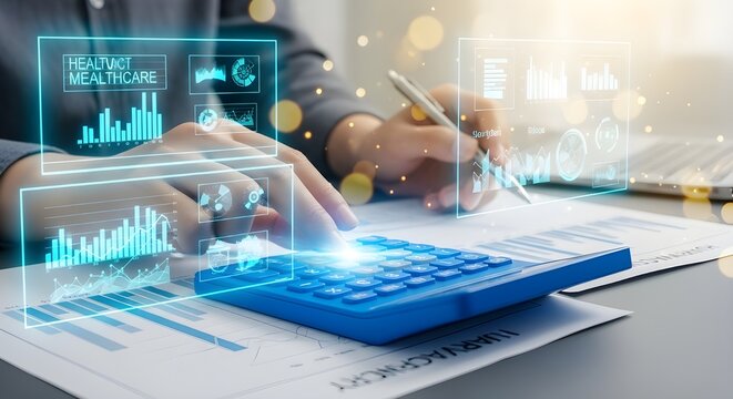 Close up of a person using a calculator and analyzing data with financial charts