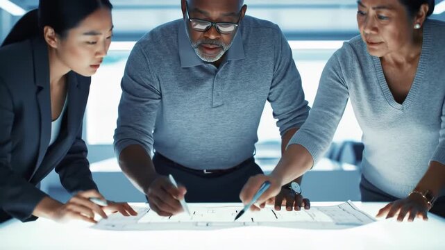 Group of diverse professionals collaborating over a blueprint in a brightly lit modern office, discussing project details and design strategy.