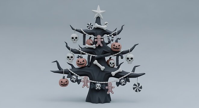 Spooky Halloween Tree Decoration with Skulls and Pumpkins.