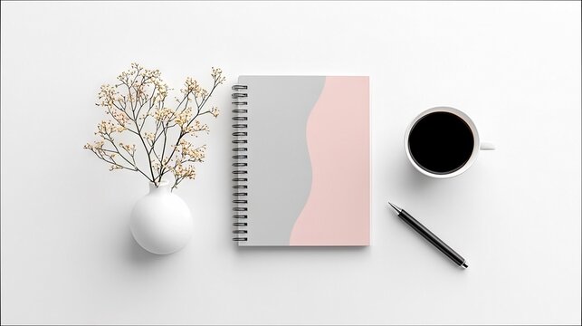 A clean and organized desk scene featuring a spiral notebook, a cup of black coffee, a pen, and a small vase with dried flowers.