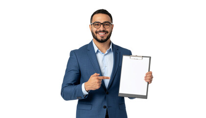 Confident businessman in a suit pointing at a blank clipboard, clear background, perfect for presentations or notes png