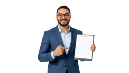 Confident businessman in a suit pointing at a blank clipboard, clear background, perfect for presentations or notes png