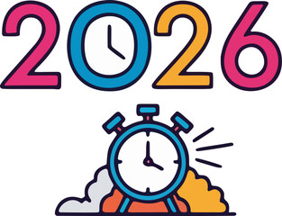 Vibrant 2026 New Year Concept with Clock and Alarm.